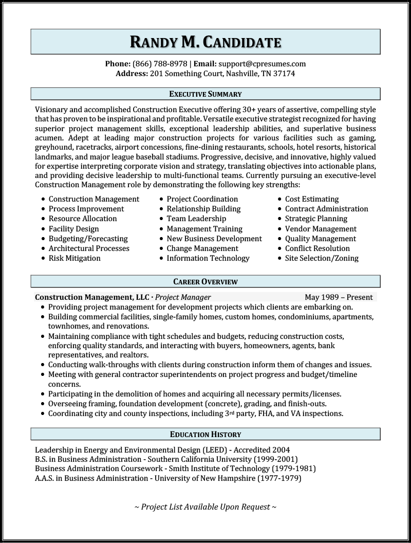 Construction Resume Sample Resume Example For Construction Managers