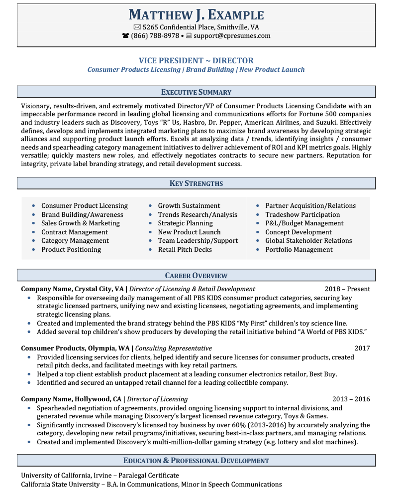 Executive Summary Resume Sample