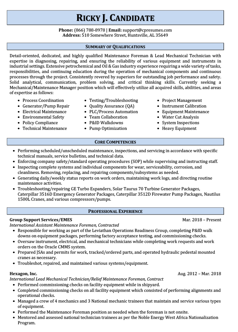 professional maintenance resume template download free