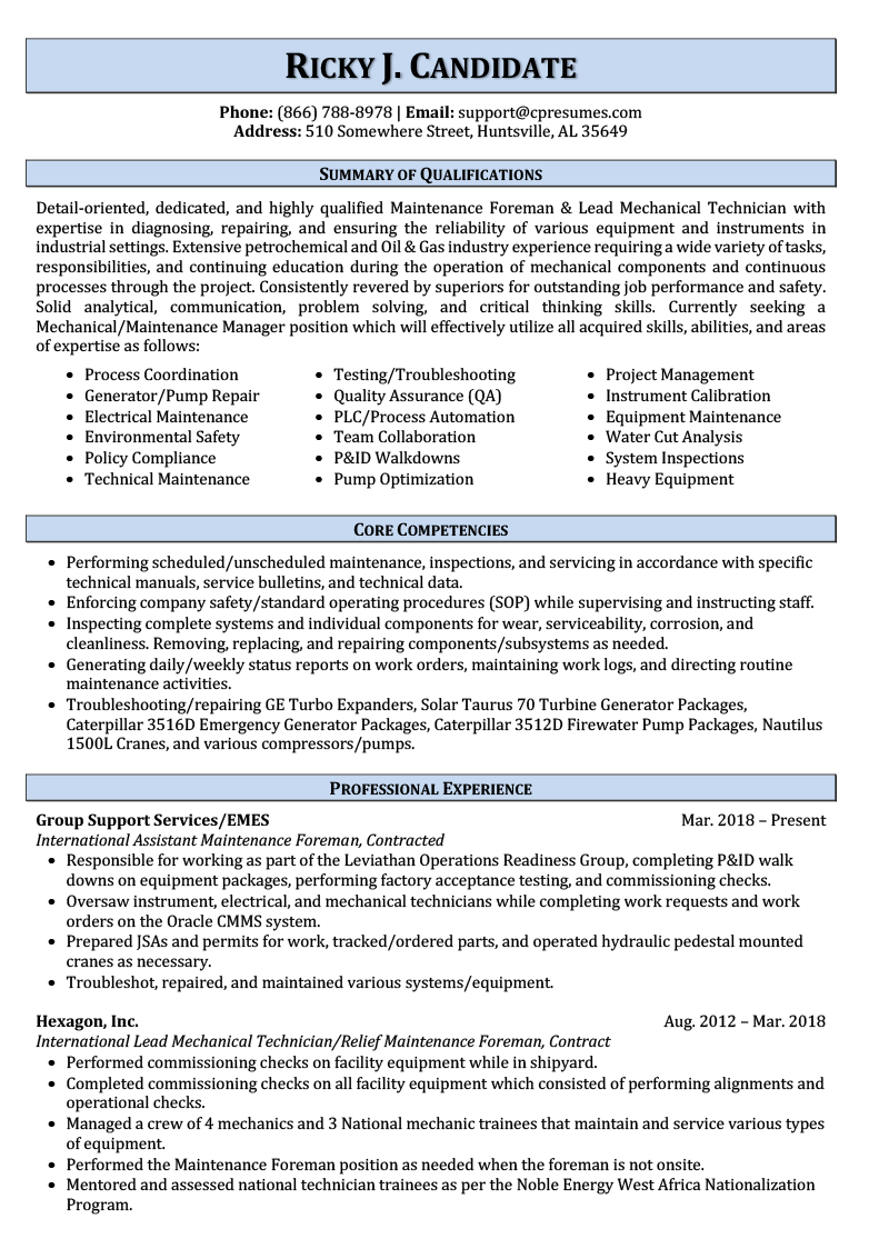 Maintenance Resume Sample Resume Example For Maintenance Technicians